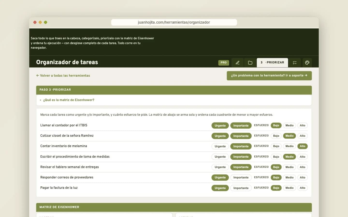 Urgente, importante y esfuerzo de cada tarea